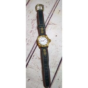 Michel Jordi Vintage 1991 Swiss Made Gold Plated Wrist Watch Genuine Leather‎